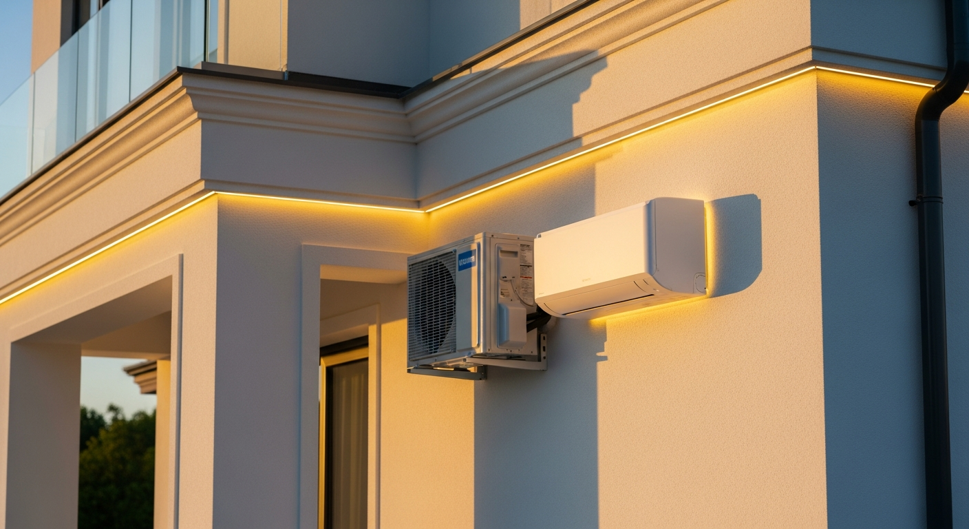 Pompe à chaleur air/air air/air installée sur façade de maison moderne